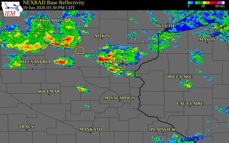 Radar snapshot during the Jun 19, 2026 hail event near 1 W Day, Isanti County, Minnesota, with NWS warning polygons