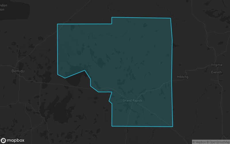 Map of Itasca County, Minnesota showing the county boundary and surrounding cities