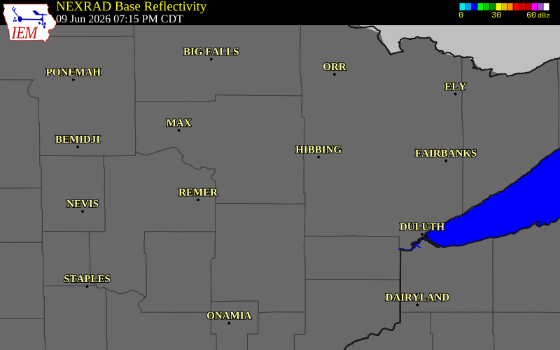 NEXRAD radar during the Tuesday, June 9, 2026 storm activity in Itasca County, Minnesota