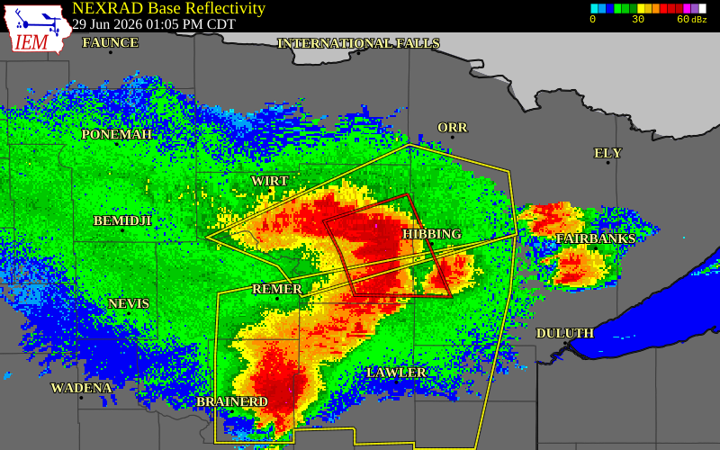 NEXRAD radar during the Monday, June 29, 2026 storm activity in Itasca County, Minnesota