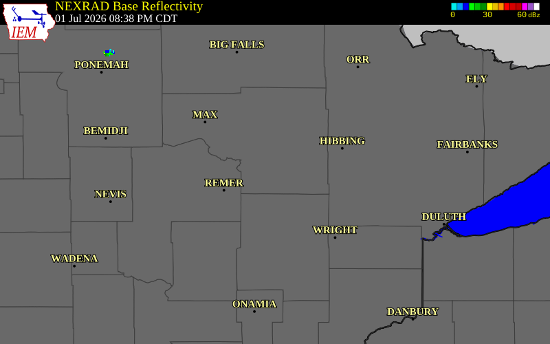 NEXRAD radar during the Wednesday, July 1, 2026 storm activity in Itasca County, Minnesota