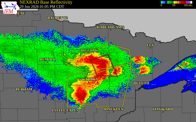 Radar snapshot during the Jun 29, 2026 hail event near 14 N Taconite, Itasca County, Minnesota, with NWS warning polygons
