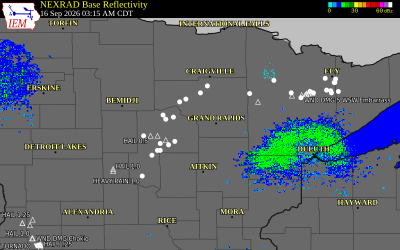 Current NEXRAD radar over Itasca County, Minnesota with recent storm report locations