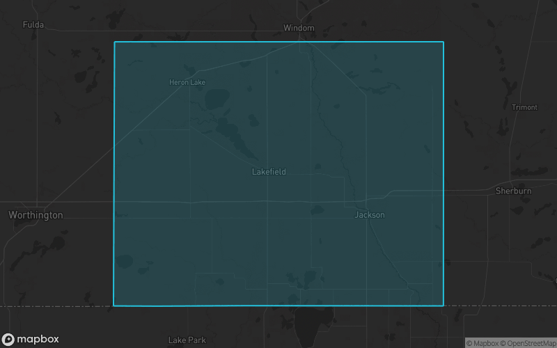 Map of Jackson County, Minnesota showing the county boundary and surrounding cities
