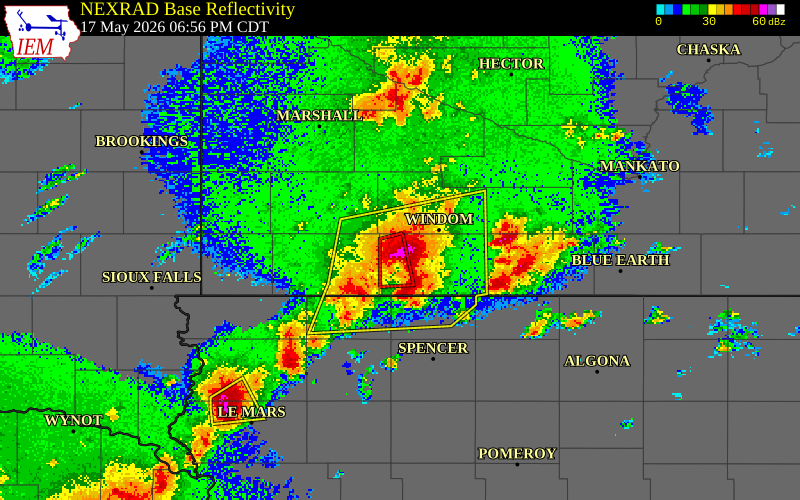 NEXRAD radar during the Sunday, May 17, 2026 storm activity in Jackson County, Minnesota