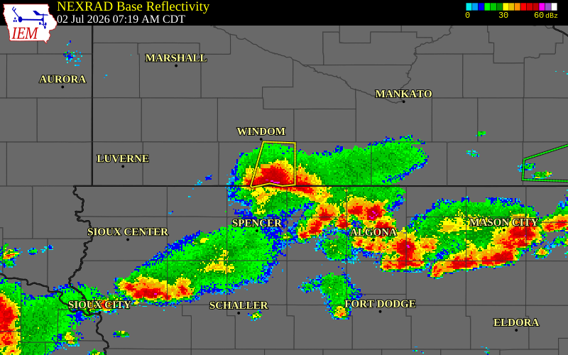 NEXRAD radar during the Thursday, July 2, 2026 storm activity in Jackson County, Minnesota