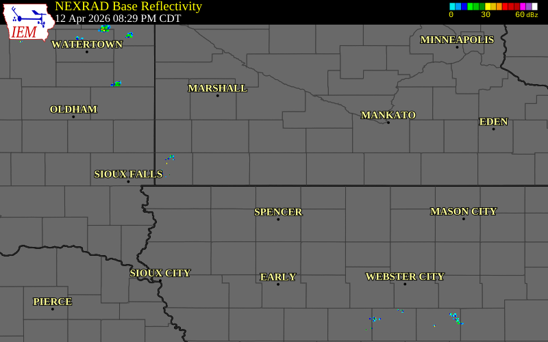 Radar snapshot during the Apr 12, 2026 hail event near 2 SW Lakefield, Jackson County, Minnesota, with NWS warning polygons