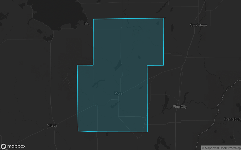 Map of Kanabec County, Minnesota showing the county boundary and surrounding cities