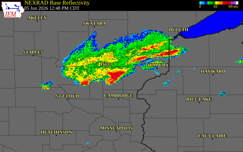 NEXRAD radar during the Friday, June 5, 2026 storm activity in Kanabec County, Minnesota