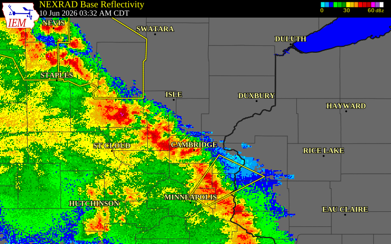 NEXRAD radar during the Wednesday, June 10, 2026 storm activity in Kanabec County, Minnesota