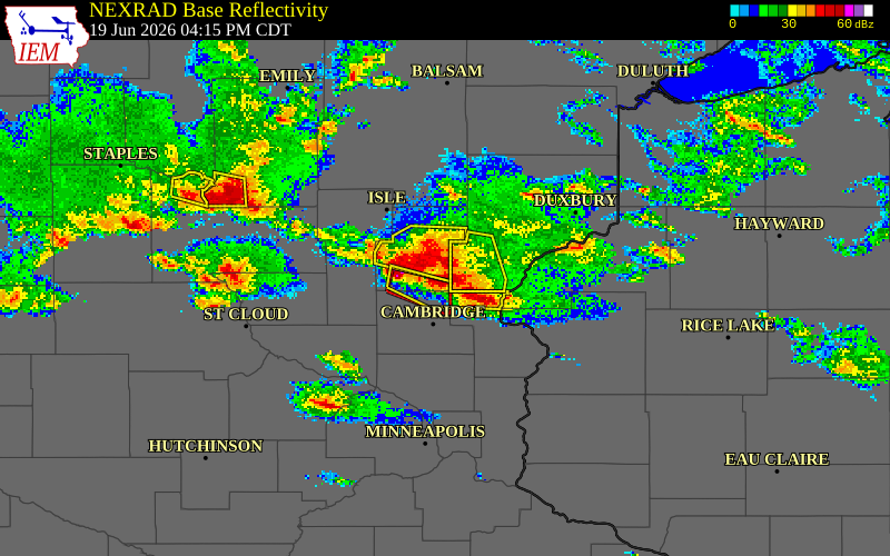 NEXRAD radar during the Friday, June 19, 2026 storm activity in Kanabec County, Minnesota