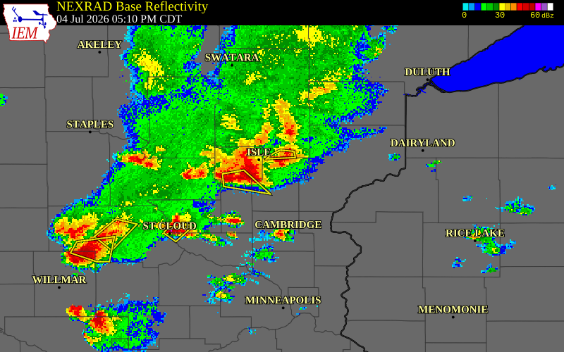 NEXRAD radar during the Saturday, July 4, 2026 storm activity in Kanabec County, Minnesota