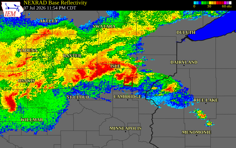 NEXRAD radar during the Tuesday, July 7, 2026 storm activity in Kanabec County, Minnesota
