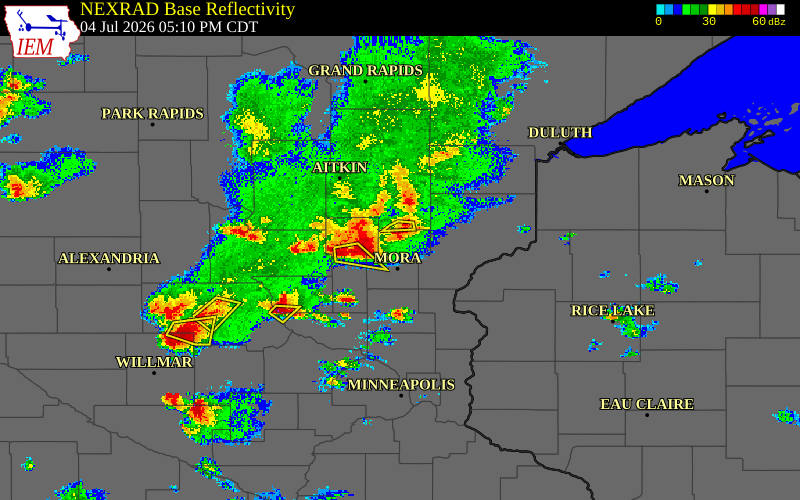 Radar snapshot during the Jul 4, 2026 hail event near Kanabec County, Kanabec County, Minnesota, with NWS warning polygons