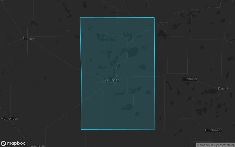 Map of Kandiyohi County, Minnesota showing the county boundary and surrounding cities