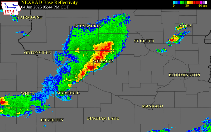 NEXRAD radar during the Thursday, June 4, 2026 storm activity in Kandiyohi County, Minnesota