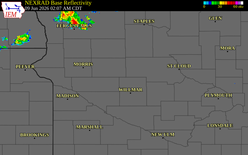 NEXRAD radar during the Tuesday, June 9, 2026 storm activity in Kandiyohi County, Minnesota