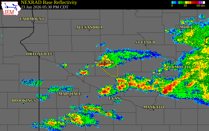 NEXRAD radar during the Tuesday, June 23, 2026 storm activity in Kandiyohi County, Minnesota