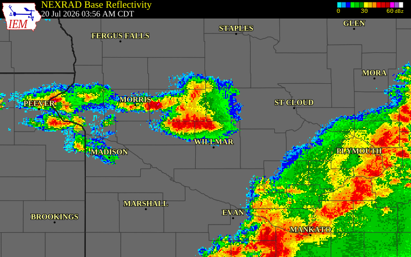 NEXRAD radar during the Monday, July 20, 2026 storm activity in Kandiyohi County, Minnesota