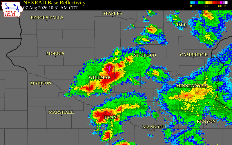 NEXRAD radar during the Friday, August 7, 2026 storm activity in Kandiyohi County, Minnesota