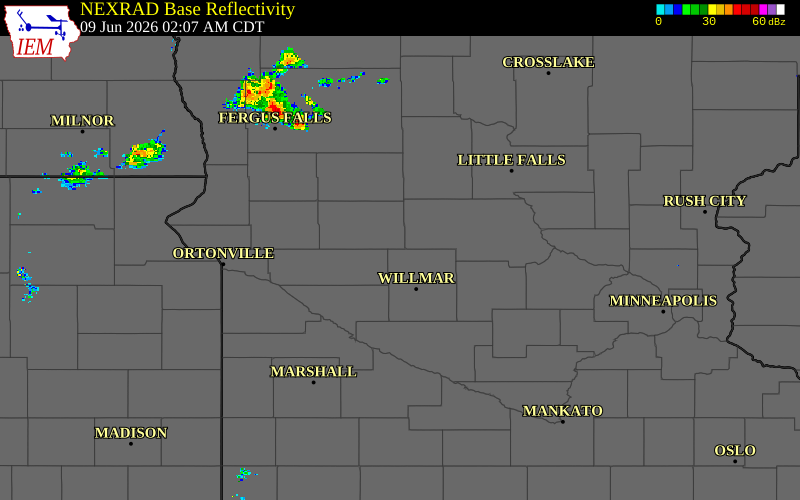Radar snapshot during the Jun 9, 2026 tornado event near 5 NE Sunburg, Kandiyohi County, Minnesota, with NWS warning polygons