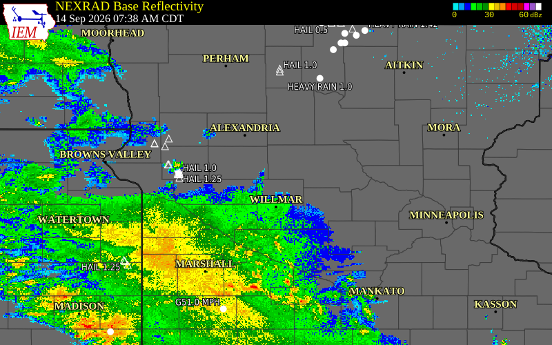 Current NEXRAD radar over Kandiyohi County, Minnesota with recent storm report locations