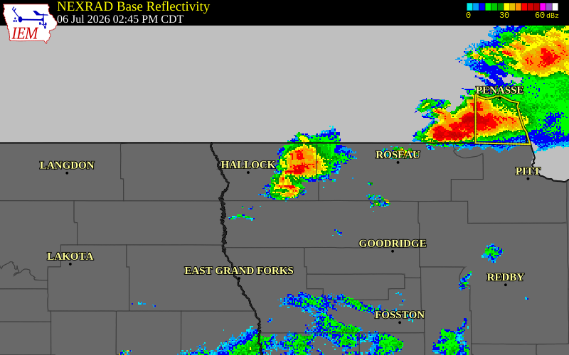 NEXRAD radar during the Monday, July 6, 2026 storm activity in Kittson County, Minnesota
