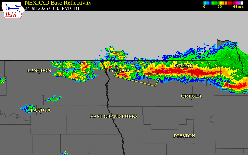 NEXRAD radar during the Friday, July 24, 2026 storm activity in Kittson County, Minnesota