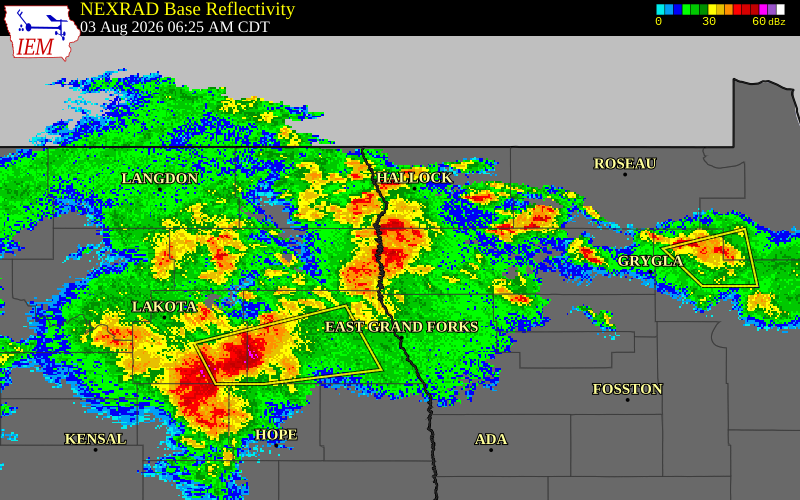 NEXRAD radar during the Monday, August 3, 2026 storm activity in Kittson County, Minnesota