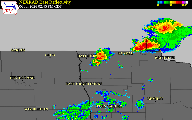 Radar snapshot during the Jul 6, 2026 tornado event near Lake Bronson, Kittson County, Minnesota, with NWS warning polygons