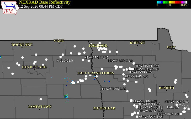 Current NEXRAD radar over Kittson County, Minnesota with recent storm report locations