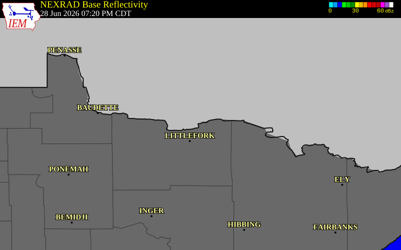 NEXRAD radar during the Sunday, June 28, 2026 storm activity in Koochiching County, Minnesota