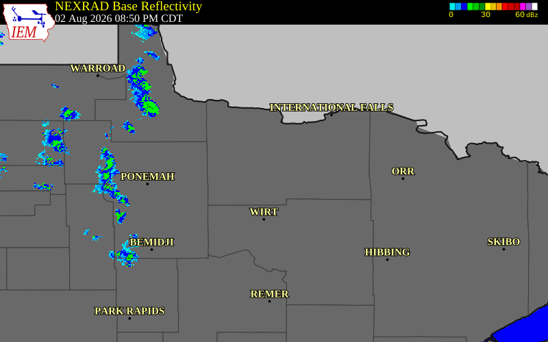 NEXRAD radar during the Sunday, August 2, 2026 storm activity in Koochiching County, Minnesota