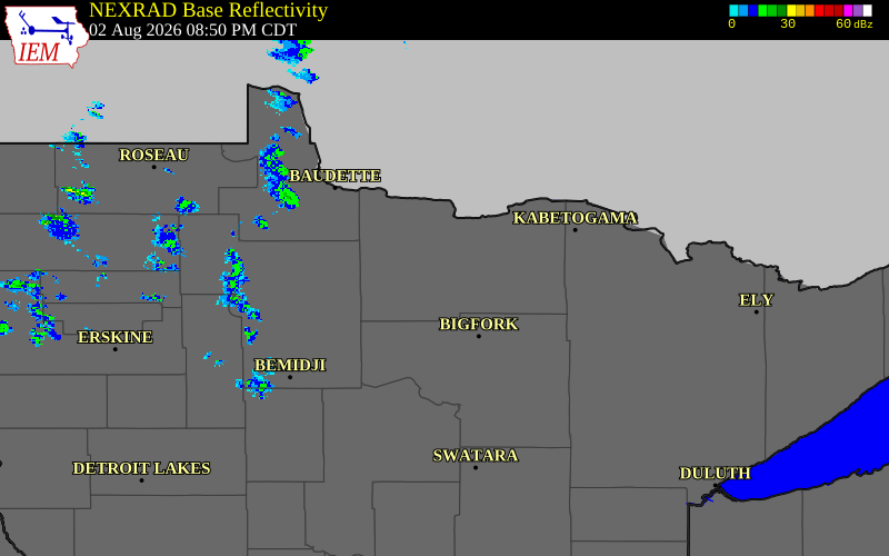 Radar snapshot during the Aug 2, 2026 wind event near 4 NE Margie, Koochiching County, Minnesota, with NWS warning polygons