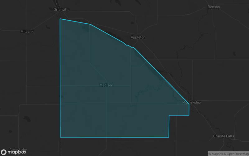 Map of Lac qui Parle County, Minnesota showing the county boundary and surrounding cities