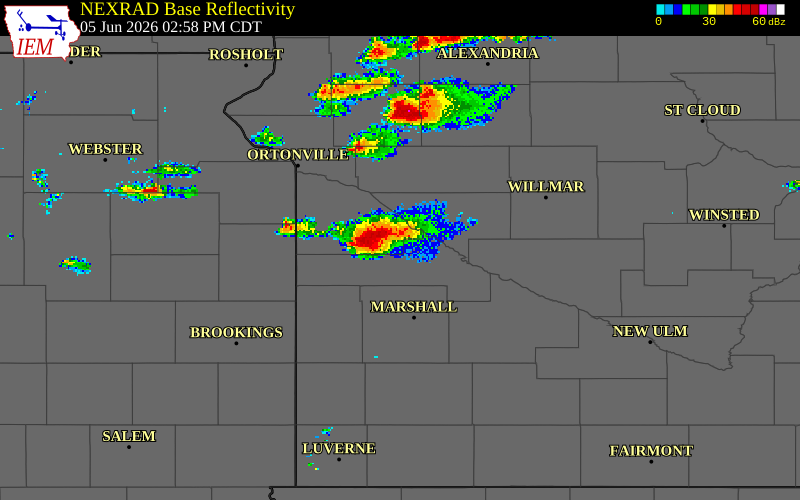 NEXRAD radar during the Friday, June 5, 2026 storm activity in Lac qui Parle County, Minnesota