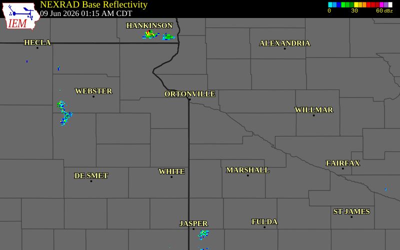 NEXRAD radar during the Tuesday, June 9, 2026 storm activity in Lac qui Parle County, Minnesota