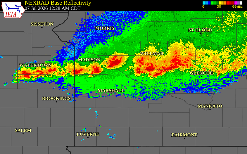 NEXRAD radar during the Tuesday, July 7, 2026 storm activity in Lac qui Parle County, Minnesota