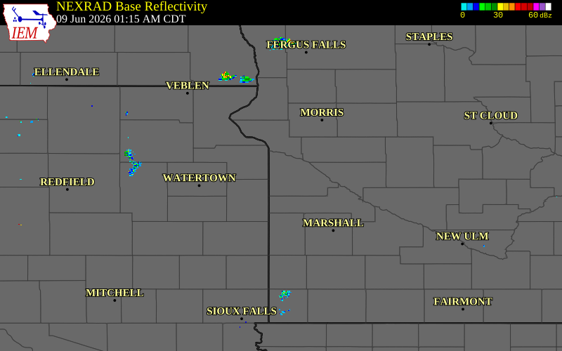 Radar snapshot during the Jun 9, 2026 wind event near 4 E Marietta, Lac qui Parle County, Minnesota, with NWS warning polygons
