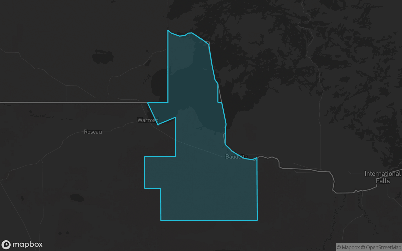 Map of Lake of the Woods County, Minnesota showing the county boundary and surrounding cities
