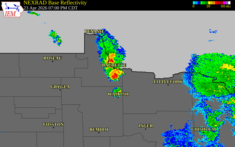 NEXRAD radar during the Thursday, April 23, 2026 storm activity in Lake of the Woods County, Minnesota