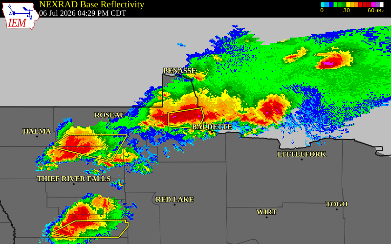 NEXRAD radar during the Monday, July 6, 2026 storm activity in Lake of the Woods County, Minnesota