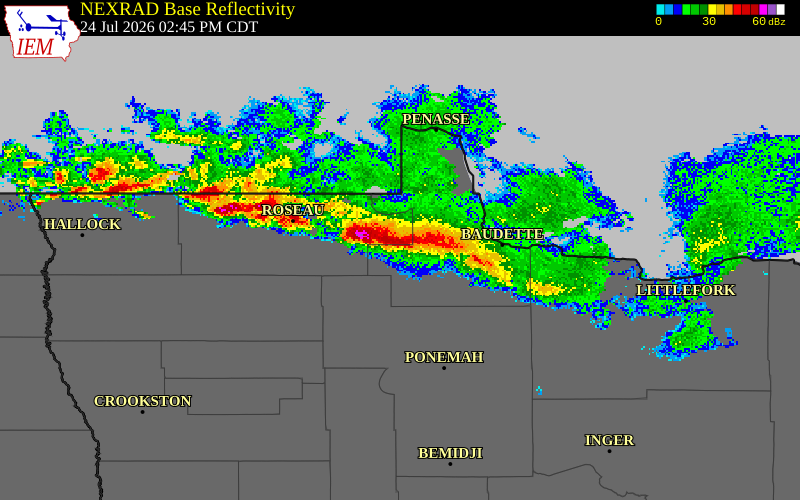 NEXRAD radar during the Friday, July 24, 2026 storm activity in Lake of the Woods County, Minnesota