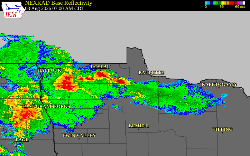 Radar snapshot during the Aug 3, 2026 hail event near Lake of the Woods County, Lake of the Woods County, Minnesota, with NWS warning polygons