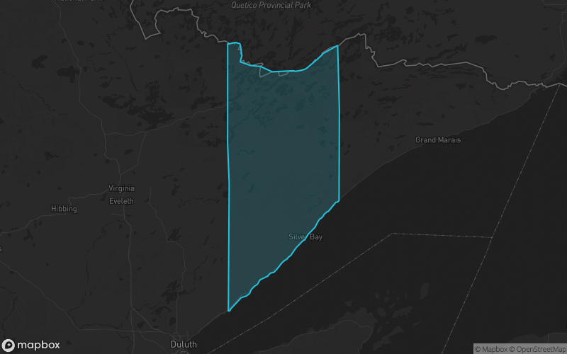 Map of Lake County, Minnesota showing the county boundary and surrounding cities