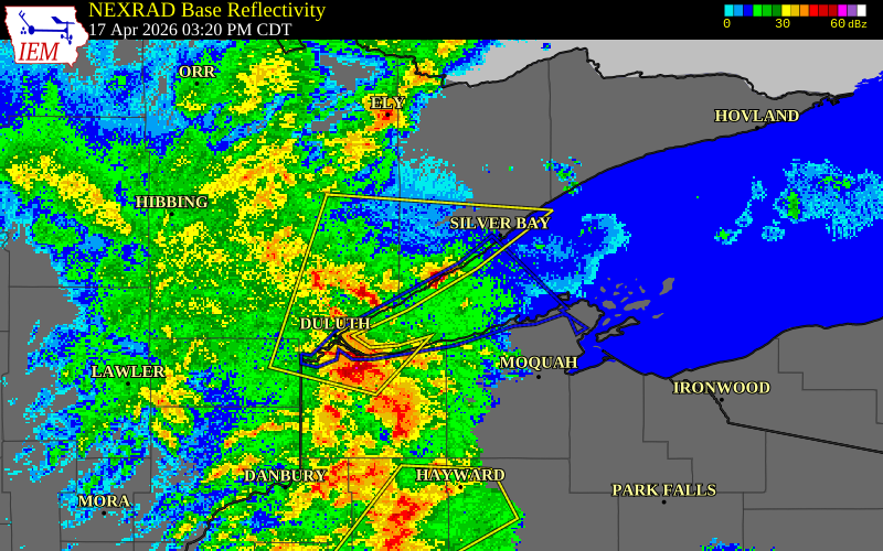 NEXRAD radar during the Friday, April 17, 2026 storm activity in Lake County, Minnesota
