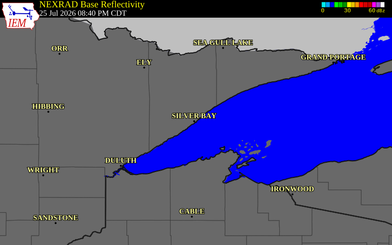 NEXRAD radar during the Saturday, July 25, 2026 storm activity in Lake County, Minnesota