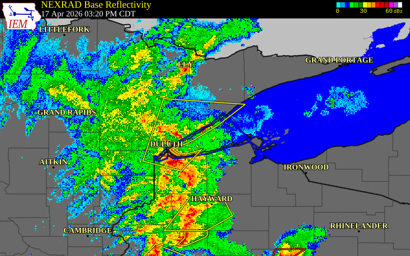 Radar snapshot during the Apr 17, 2026 hail event near 4 WSW Castle Danger, Lake County, Minnesota, with NWS warning polygons