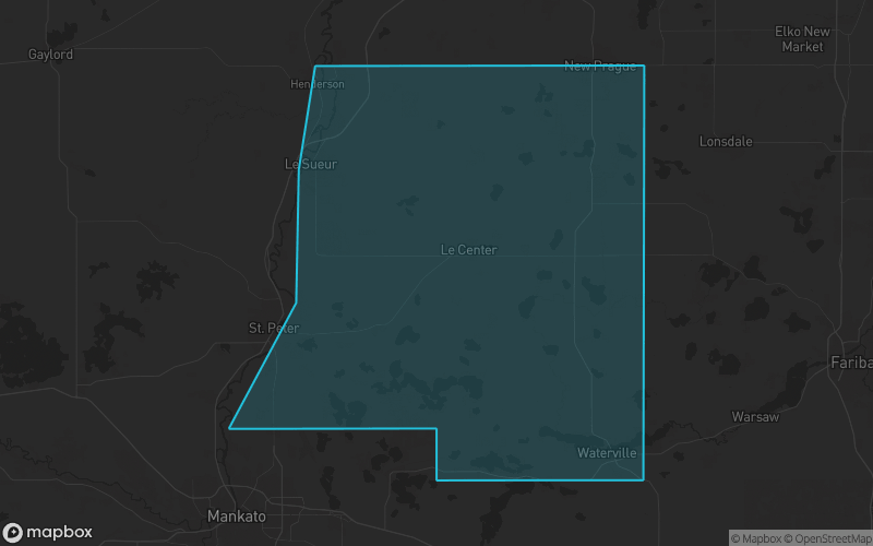 Map of Le Sueur County, Minnesota showing the county boundary and surrounding cities