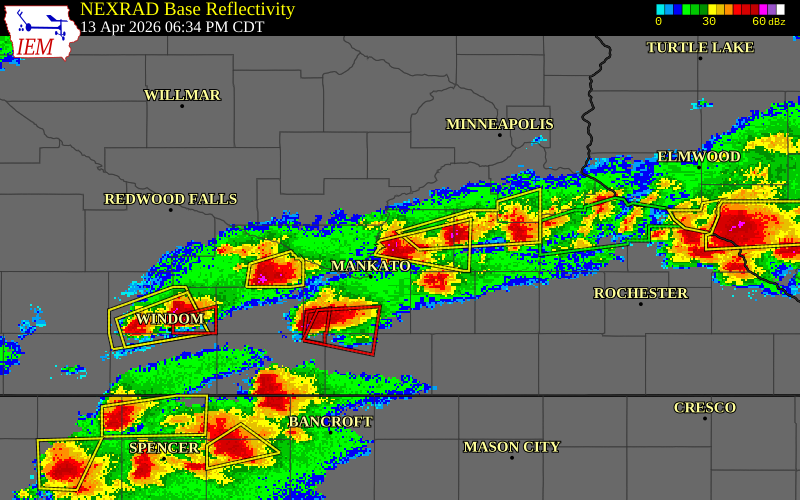 NEXRAD radar during the Monday, April 13, 2026 storm activity in Le Sueur County, Minnesota
